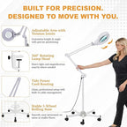 Professional Magnifying Lamp with UV Light, 5X Optical Glass Lens, Adjustable LED Brightness, 360° Swivel Wheels, Extendable Arm, Ideal for Detail Work by Tattoo Artists, Lash Extension Experts