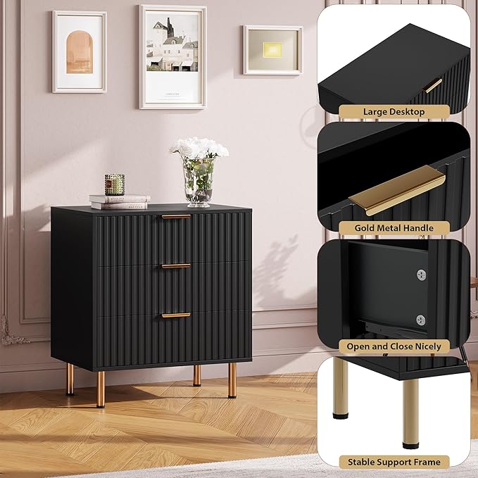 GarveeHome 3 Drawer Dresser for Bedroom, Fluted Modern Nightstand with Deep Drawers, Chest of Drawers with Wide Top, Wooden Dresser Organizer, Side Table for Living Room, Hallway, Kids Room, Black