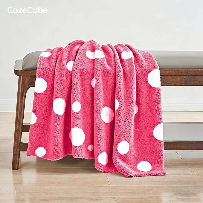 CozeCube Super Soft Fullfy Microfiber Reversible Knitted Blankets, Warm Cozy Fuzzy Plush Throw, Hot Pink and White Polka Dot Throw Blanket for Couch Bed Sofa, 60" x 80"