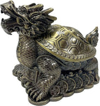 Feng Shui Dragon Turtle Multi Functional Metal Statue Wealth Prosperity Sculpture with Set of 5 Lucky Charm Ancient Coins on Red String Best Housewarming Congratulatory Gift Home Decor (D2 Brass)