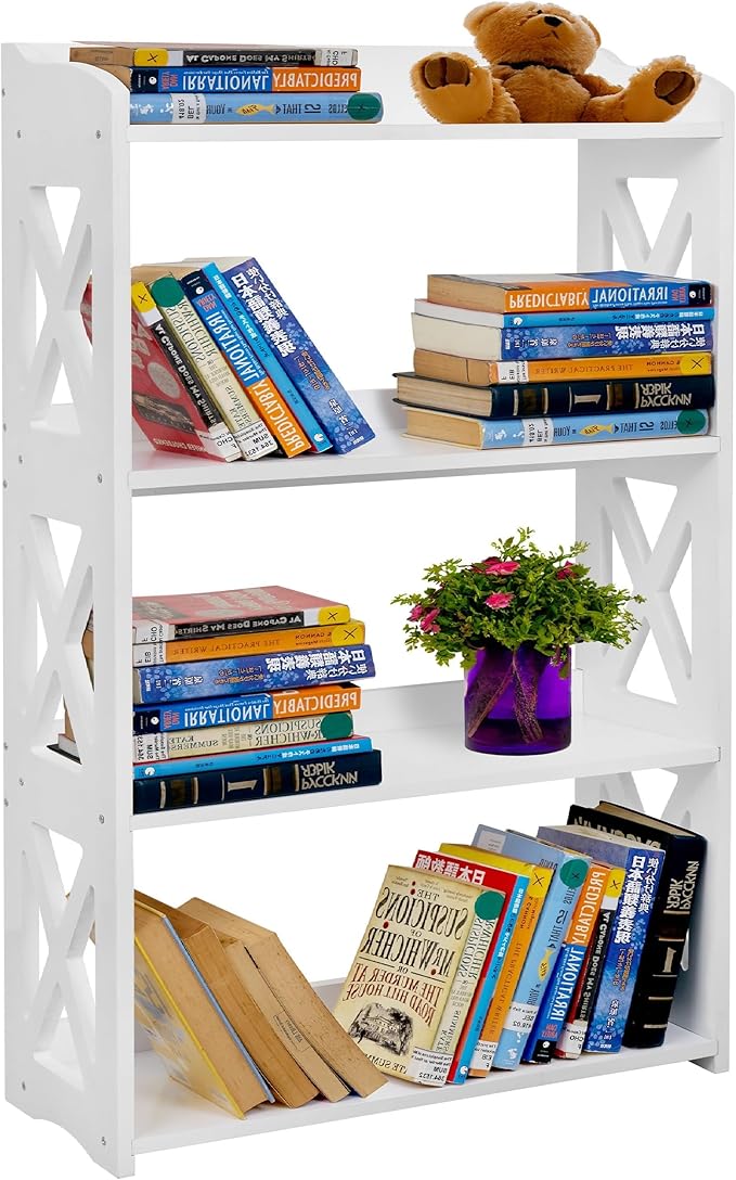 White Bookcase by Natural Wood, 4 Tier Bookshelf, Small Book Shelves Freestanding Display Storage Shelves. Open Bookshelf for Bedroom, Living Room and Office (White, 4 Tier)