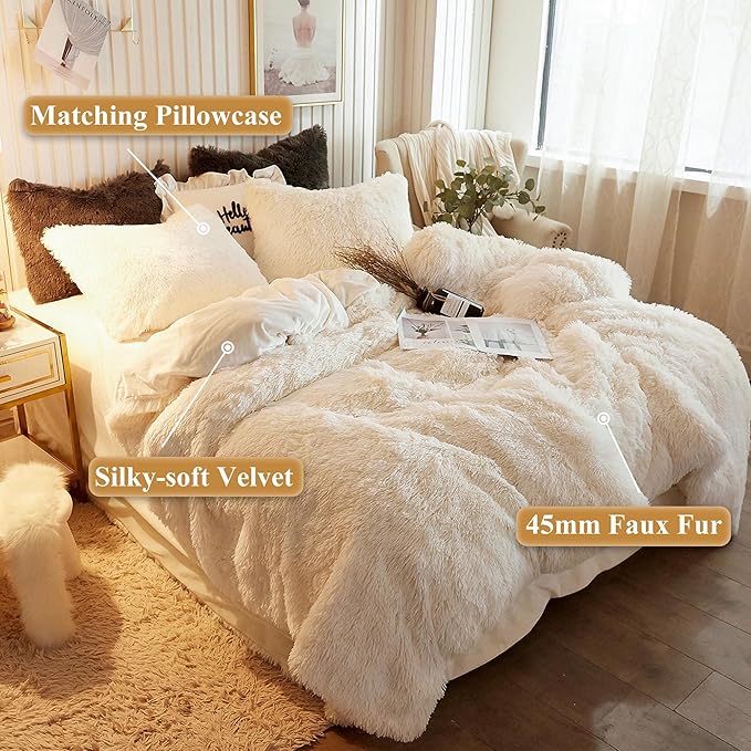 XeGe Plush Shaggy Duvet Cover Set, Luxury Ultra Soft Crystal Velvet Fluffy Bedding Sets 2 Pieces(1 Faux Fur Furry Comforter Cover + 1 Fuzzy Faux Fur Pillowcase), Zipper Closure(Twin, Light Beige)