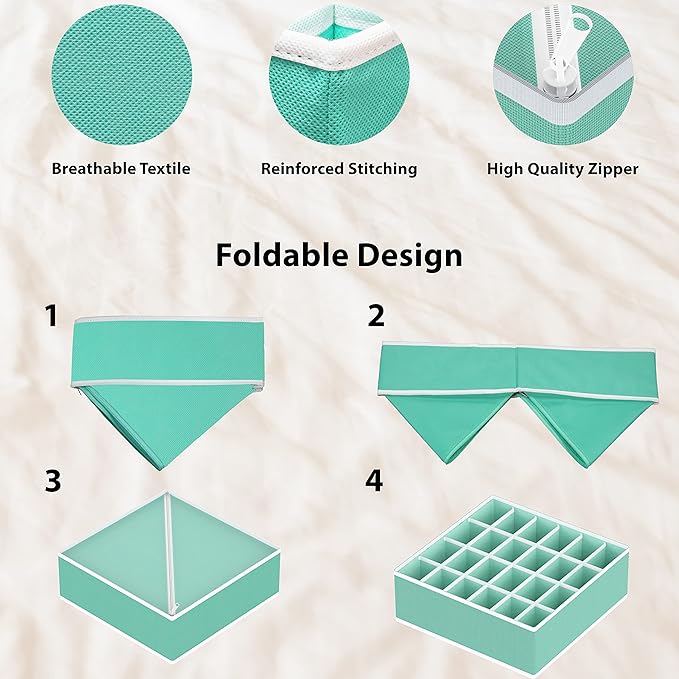 Simple Houseware 4-Pack Drawer Organizer Set - Closet Dividers for Underwear, Socks, Bras, Scarves, Ties - Foldable Non-Woven Storage Boxes, Turquoise