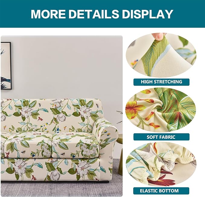 KRFOONN 4 Piece Stretch Sofa Couch Covers for 3 Cushion Couches Printed Sofa Slipcover with 3 Separate Seat Cushion Covers Washable Sofa Slip Covers Furniture Protector for Pets Kids (Large, 28)