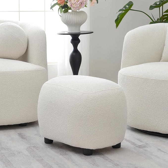 KINWELL Round Boucle Upholstered Ottoman Chair, Footstool with Soft Padded Seat, Fully Assembled Modern Sofa Couch Footrest, Extra Seating for Bedroom Entryway, Beige(18.5" D x 23" W x 16.5" H)