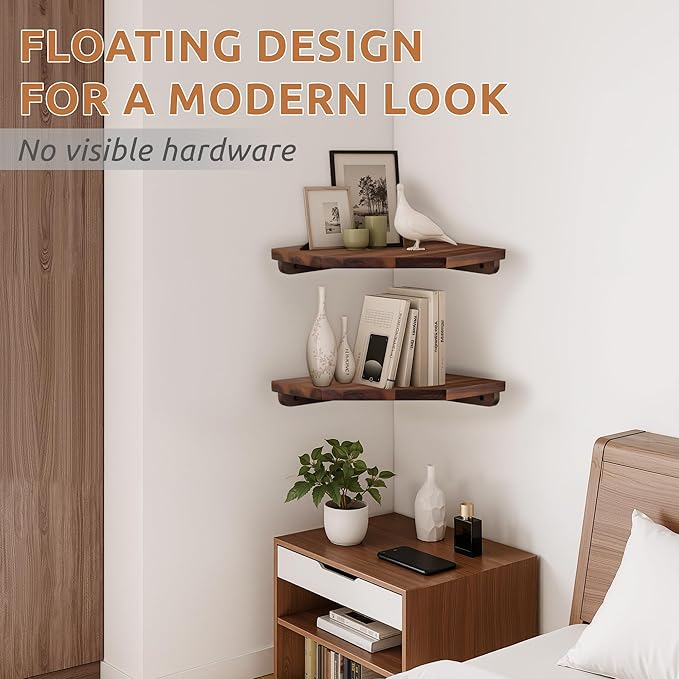 Demigo Hexagon Corner Floating Shelves Wall Mount (Set of 2) – Solid Acacia Wood with Hidden Brackets & Cable Hole – Rustic & Modern Space-Saving Shelves for Bedroom Living Room Office Kitchen