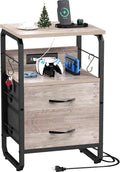 Nightstand with Drawers, Storage Night Stand with Charging Station Type C Port, Small Side Table with Hooks, Wood Metal End Table for Living Room, Bedroom, Dorm, Greige