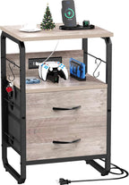 Nightstand with Drawers, Storage Night Stand with Charging Station Type C Port, Small Side Table with Hooks, Wood Metal End Table for Living Room, Bedroom, Dorm, Greige