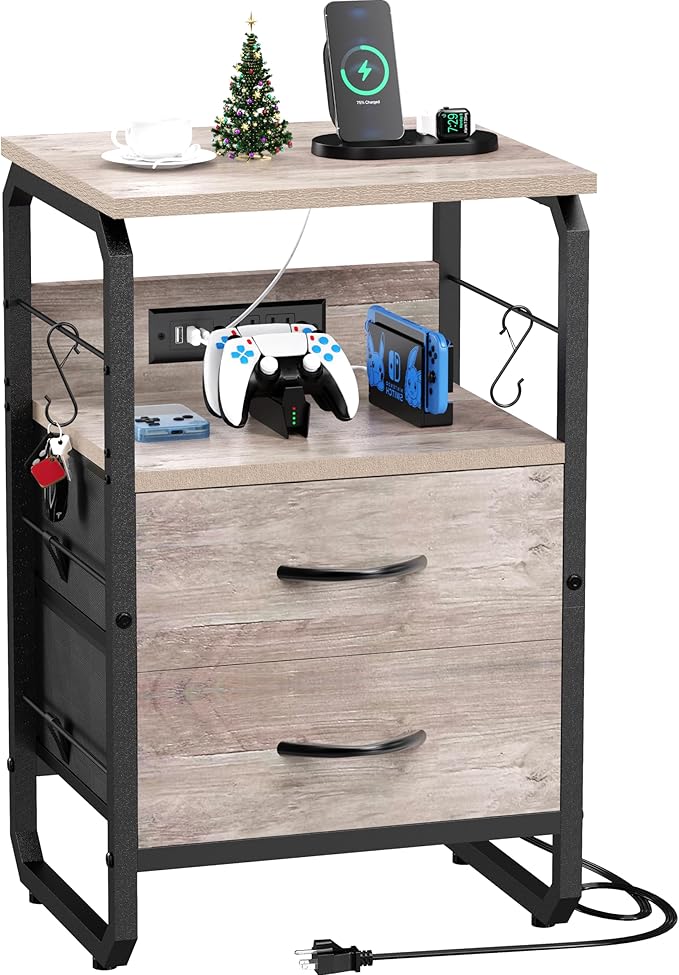 Nightstand with Drawers, Storage Night Stand with Charging Station Type C Port, Small Side Table with Hooks, Wood Metal End Table for Living Room, Bedroom, Dorm, Greige