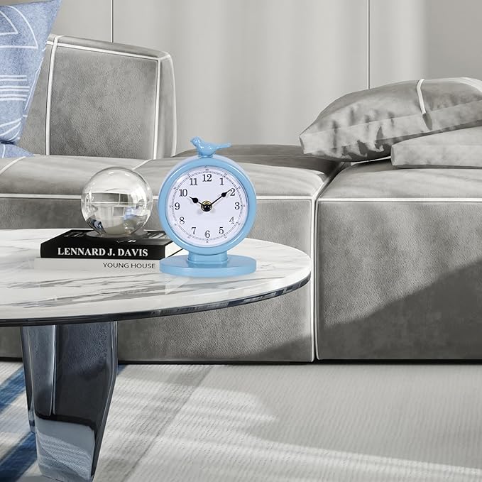 Mantel Clock, Classic Vintage Clocks and Decorative Shelf Decor, Silent Analog Desk Clocks with Light Vintage Metal Table Clock for Living Room Shelf Bedside Home Decor (Cornflower Blue)
