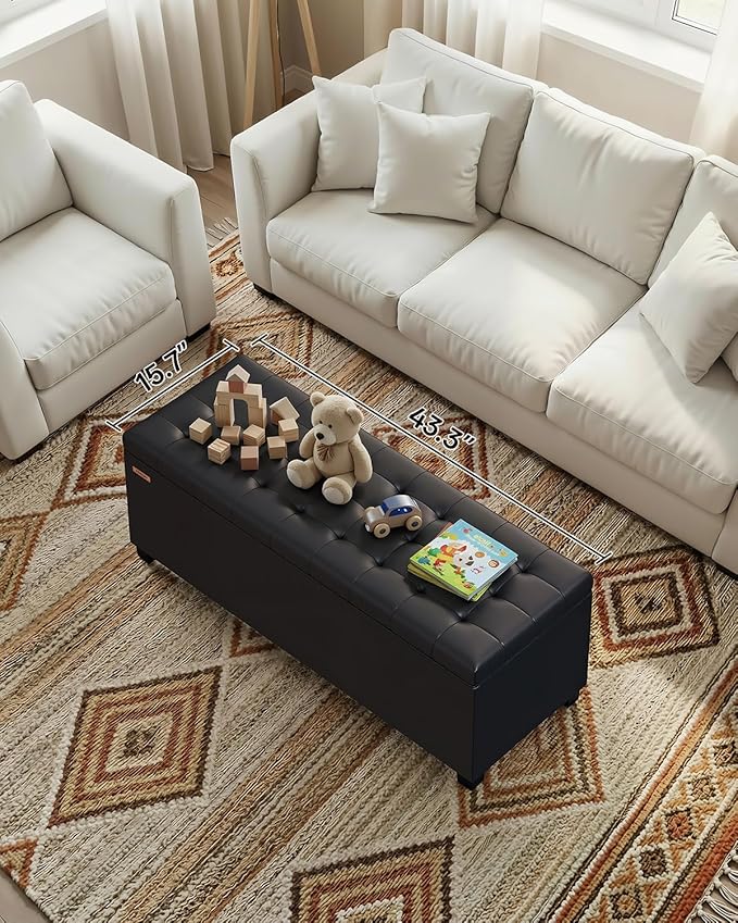 Synthetic leather Storage ottoman bench with legs,43.5”W x 15.7”D x 15.7”H,metal frame end of bed bench hold up to 770 LB,Large Storage Chest hold up to 770 LB,Black UASND622B