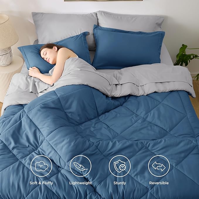 Bedsure Full Size Comforter Set - 7 Pieces Reversible Slate Blue Bedding, Full Size Bed Set for All Seasons, Bed in a Bag with Down Alternative Comforter, Sheets, Pillowcases & Shams