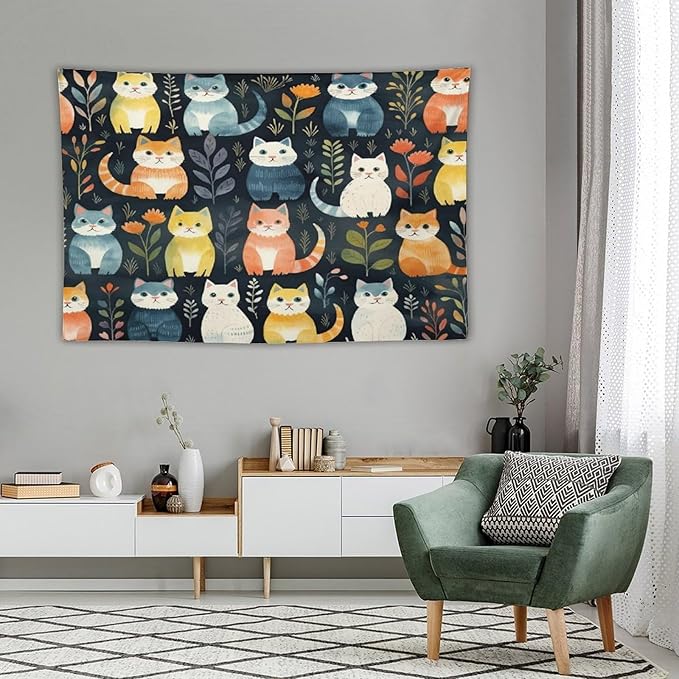 VUMIVI Cartoon Abstract Cat Tapestry Fun Cute Animals Plants Bohemian Modern Art Color Illustration Tapestry Wall Hanging for Living Room Bedroom Dorm Classroom Aesthetic Decor W90xL60in