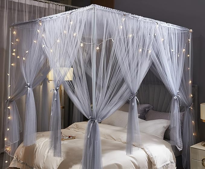 VETHIN 4 Corners Post Princess Bed Canopy Curtain Double Layer Cozy Drape Netting 4 Opening Mosquito Net for Girls & Adults Bedroom Decoration Accessories (Double Gray, 53" W*78" L*82"*H/(Full))