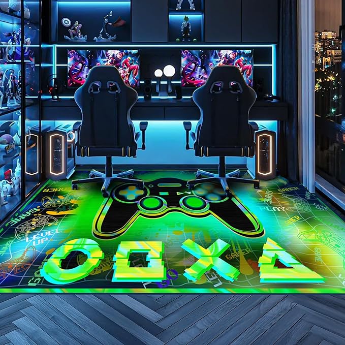 3'x5' Gaming Rug for Boys Room - Colorful 3D Printed Gamer Rug Gaming Decor for Boys Bedroom Green Gaming Area Rug Gaming Room Floor Mat Video Game Area Carpet for Kids Room & Dorm