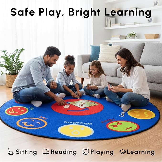 SAFECASTLE Kids Carpet My Feelings Rug 6'6" Round Educational Emotions Area Rug with Colorful Faces & Expressions–Learning Carpet for Kids, Toddlers, Preschool, Classroom, Nursery, Playroom & Daycare