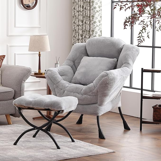 Lazy Chair with Ottoman, Large White Gray Lounge Accent Chair with Ottoman and FA Throw Pillow, Comfy Plush Reading Chair for Living Room Bedroom Dorm Room Office Apartment Relaxing Use