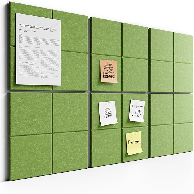 Bumusty Large Felt Bulletin Board, 36" x 24" Cork Board Alternative, 6-Pack Wall Tiles with 4-Compartment Design, 30 Push Pins, 40 Adhesive Tabs, Ideal for Office & Home Decor, Kelly Green