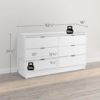 Prepac Simply Modern 6-Drawer Double Dresser for Bedroom, Chest of Drawers, Modern Bedroom Furniture, 52.5” wide x 16” deep x 29.5” tall, White