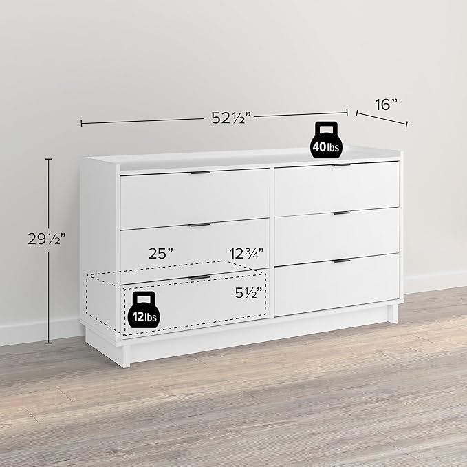 Prepac Simply Modern 6-Drawer Double Dresser for Bedroom, Chest of Drawers, Modern Bedroom Furniture, 52.5” wide x 16” deep x 29.5” tall, White