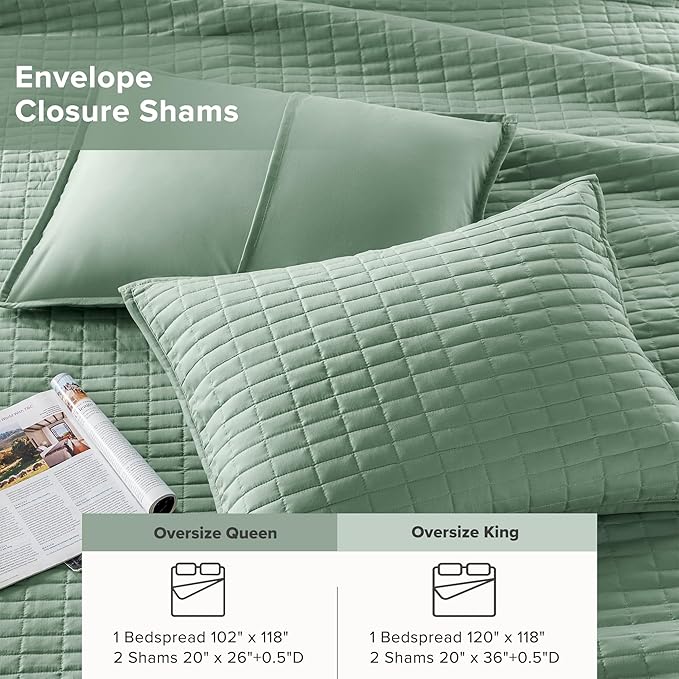 Comfort Spaces Sage Green Oversized Queen Quilt Set 102"x118" Bedspread Quilted Summer Lightweight Microfiber Bedding Coverlet with Double Sided Stitching Soft All Season 3 Piece with Matching Shams
