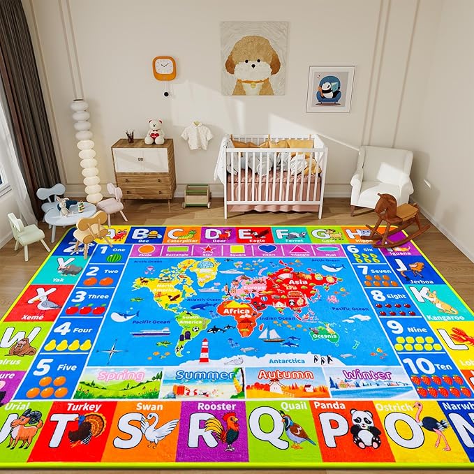 World Map ABC Kid Rug for Playroom Geography 59"×39.4" Classroom Play Rug Educational Baby Playmat Alphabet Carpet Primary School Fluffy Ployester Non-Slip Preschool Mat Nursery Room Learning