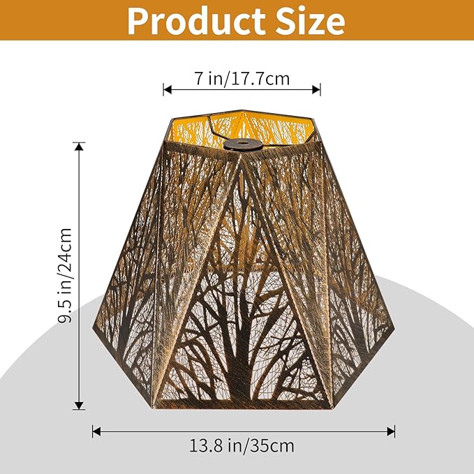 Etched Metal Lampshade, Hexagonal Lamp Shade with Antique Bronze Exterior&Gold-plated Interior, 7" Top x 13.8" Bottom x 9.5" Height, Spider Fitter