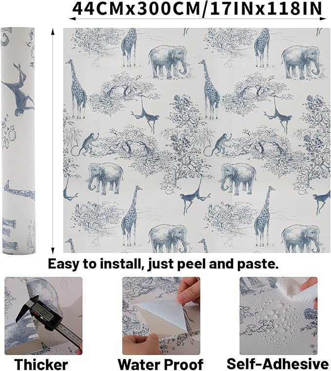 Peel and Stick Wallpaper - 17.5x118in Animals Pattern, Blue and White Vinyl, Modern Home Deco
