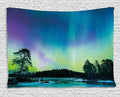 Ambesonne Aurora Borealis Tapestry, Sky over Lake Surrounded Forest Woods Hemisphere Print, Wide Wall Hanging for Bedroom Living Room Dorm, 80" X 60", Violet Blue Lime Green