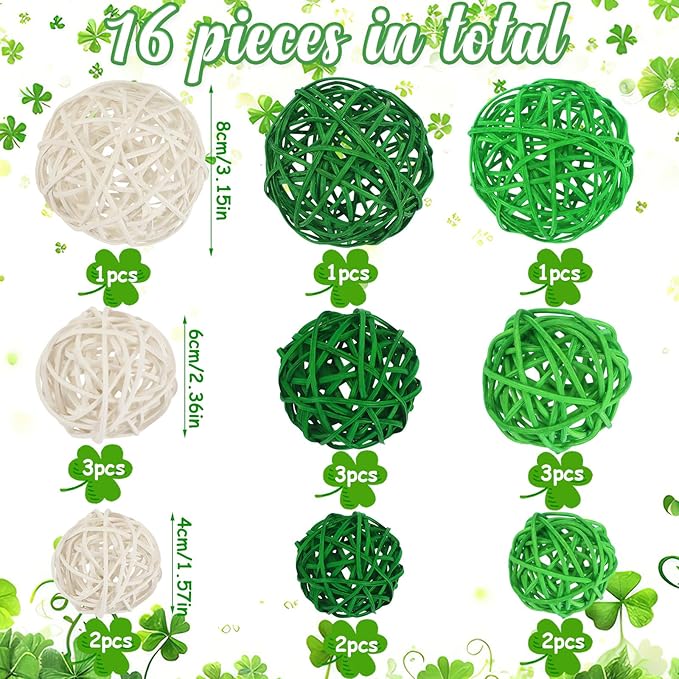 SANNIX 16 Pcs St Patricks Day Vase Filler Wicker Rattan Orbs Decorative Balls for Bowls, St. Patrick's Day Green Rattan Balls Decor for Green Spring Home Decorations