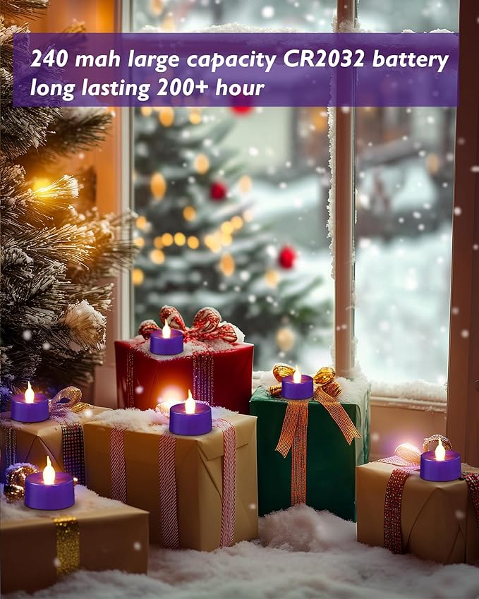 Purple LED Candles, 24 Pack Tea Lights Candles Battery Operated, Flameless Tealight Candle, Realistic Tea Lights for Halloween Christmas Party Decor Mardi Gras