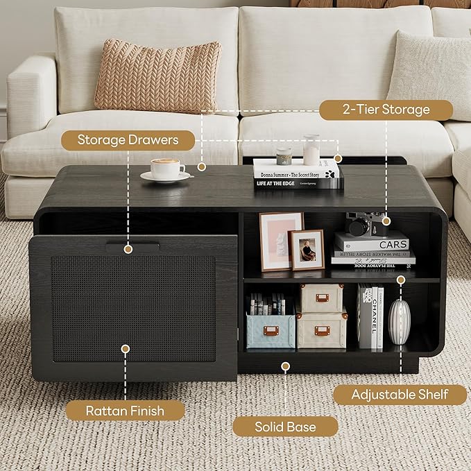 LIKIMIO 39.4" Rattan Coffee Table with Storage Drawers, Safety Curved Corners & 4-Tier Adjustable Shelves, Sturdy Base, Wood Center Table for Living Room, Black