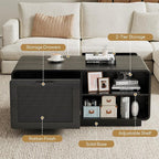 LIKIMIO 39.4" Rattan Coffee Table with Storage Drawers, Safety Curved Corners & 4-Tier Adjustable Shelves, Sturdy Base, Wood Center Table for Living Room, Black