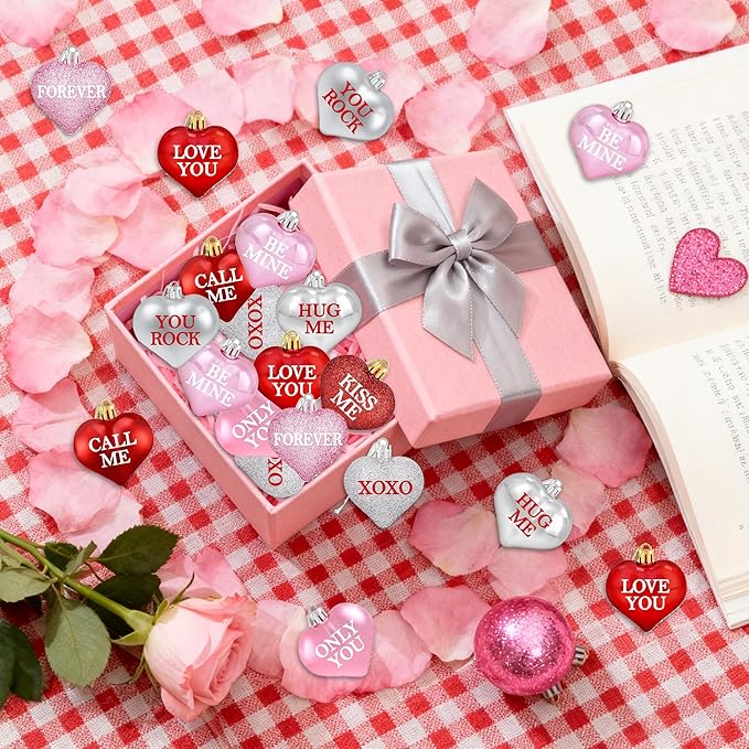 Tifeson 36Pcs Valentine's Day Heart Ornaments, Red Pink Silver Heart Shaped Valentine Ornaments for Tree Conversation Heart Decorations for Valentines Home Anniversary Decor