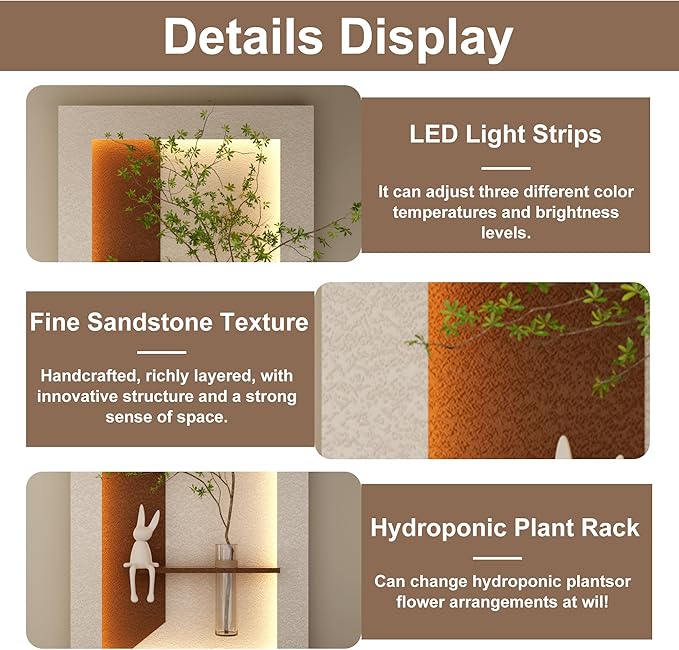 LED Sandstone Wall Decor, 3D Wall Art Sculpture, Simulated Green Plants, Glass Vase & Rabbit Statue, 3 Color Remote Control Light, for Living Room, Bedroom, Hallway(Light Coffee,41.4 * 23.6in)
