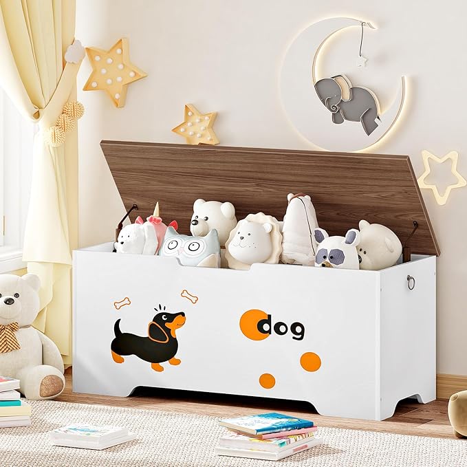 HOOBRO Toy Box, Toy Chest with 2 Safety Hinges, 39.4" Storage Bench, Wooden Storage Chest, for Entryway, Bedroom, Living Room, White and Walnut WH494CW01