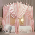 4 Corners Post Princess Curtain Bed Canopy Double Layer Cozy Mosquito Net Mesh and Cloth for Girls Adults Bedroom Decoration (Double-Beigepink/White, 64" W*82" L*82"*H/(Queen))