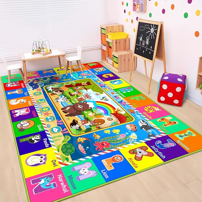 Baby Play Mat for Floor, ABC Kids Play Mat, Forest Animals Kids Rugs for Girls and Boys Playroom, Foldable Rug for Baby Toddler Infants Crawling Playing (Green, 78.7X59 INCH)