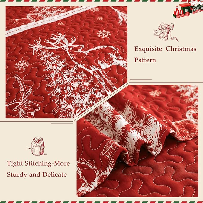 Exclusivo Mezcla Reversible Christmas Quilts King Size, Red Bedspread Lightweight Coverlet Winter Quilt Bedding Set with Printed Striped Trees Snowflakes Pattern (1 Quilt, 2 Pillow Shams)
