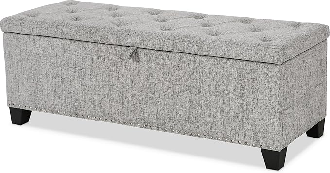 24/7 Shop at Home Sacallant Modern Linen Storage Bench with Button-Tufted Lift-Top, Upholstered Footstool, Rectangular Ottoman for Living Room, Bedroom, Entryway, Light Grey
