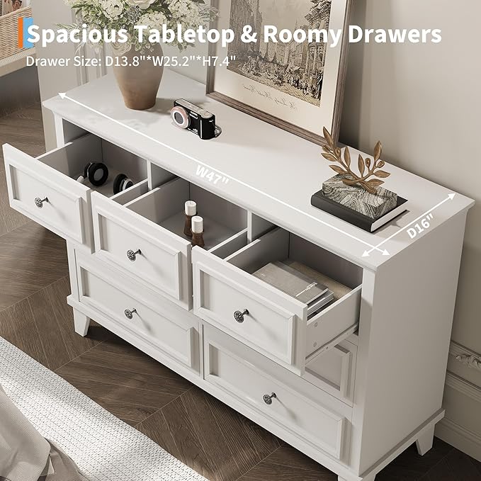 GarveeHome White Dresser for Bedroom, 7 Drawer Dresser, Wooden Chest of Drawers with Deep Drawers, 47 in Long Dressers TV Stand, Modern Dressers Organizer with Vintage Handle for Living Room, Hallway