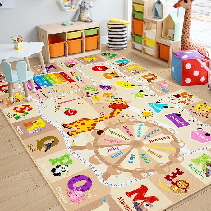 Chicrug Educational Kid Area Rug for Playroom, 7x10 Feet TPR Non Slip Kids Classroom Carpet Rug for Learning ABC Animal,Shape Color Fruit, Washable Play Mat Rug for Children Nursery Toddler Room Decor