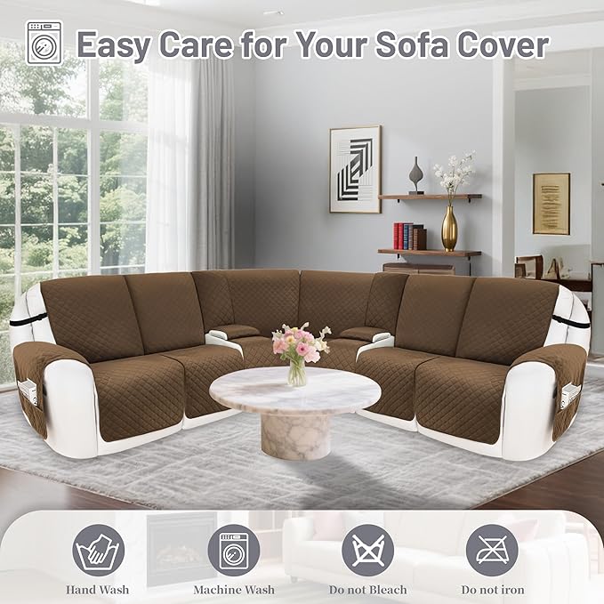 Recliner Sofa Covers 100% Waterproof Velvet L Shape Recliner Couch Covers for Dogs Pets Washable Anti Slip Recliner Slipcovers with Pockets (5 Seat Sofa with 2 Console, Brown)