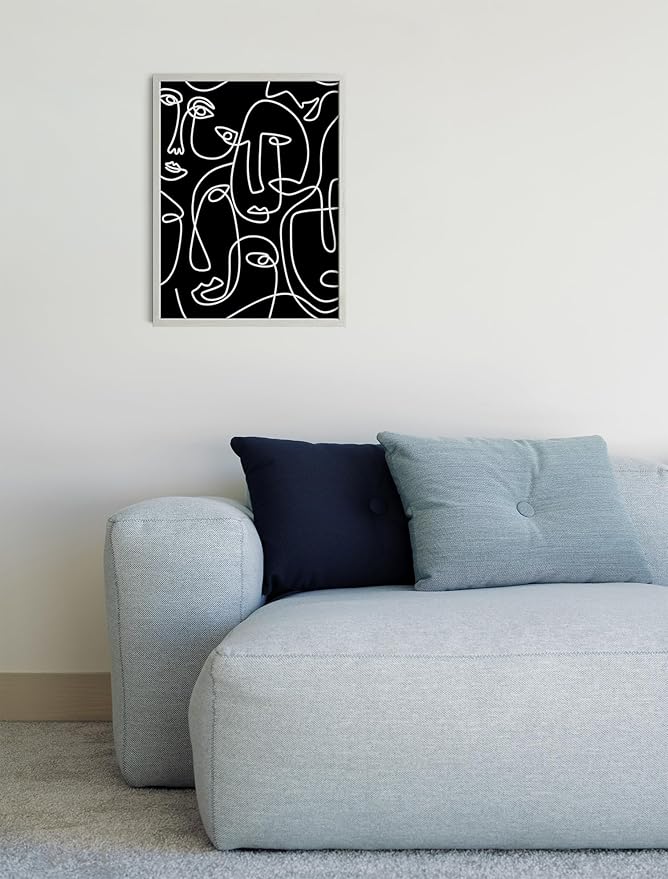 Abstract Face Pattern Wall Art Black Background White Continuous Line Drawing 12x16 Inch Oak Wood White Framed Modern Diverse Portrait for Living Room Decor