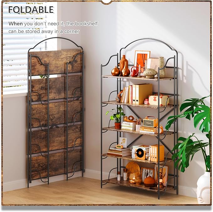 4NM No Assembly Extra Wide Folding Bookshelf for Living Room, 5 Tiers Collapsible Book Shelves Open Industrial Foldable Bookcase Storage Shelf for Home Office - Rustic Brown Black