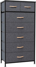 Crestlive Products Vertical Dresser Storage Tower - Sturdy Steel Frame, Wood Top, Easy Pull Fabric Bins, Wood Handles - Organizer Unit for Bedroom, Hallway, Entryway, Closets - 7 Drawers (Grey)