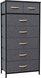 Crestlive Products Vertical Dresser Storage Tower - Sturdy Steel Frame, Wood Top, Easy Pull Fabric Bins, Wood Handles - Organizer Unit for Bedroom, Hallway, Entryway, Closets - 7 Drawers (Grey)