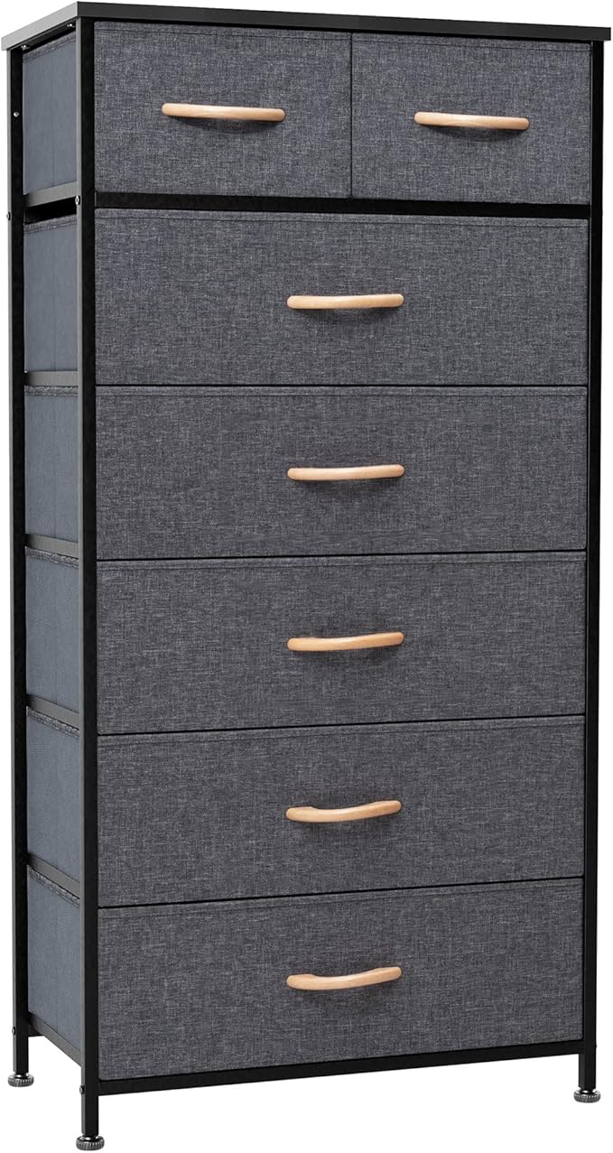Crestlive Products Vertical Dresser Storage Tower - Sturdy Steel Frame, Wood Top, Easy Pull Fabric Bins, Wood Handles - Organizer Unit for Bedroom, Hallway, Entryway, Closets - 7 Drawers (Grey)