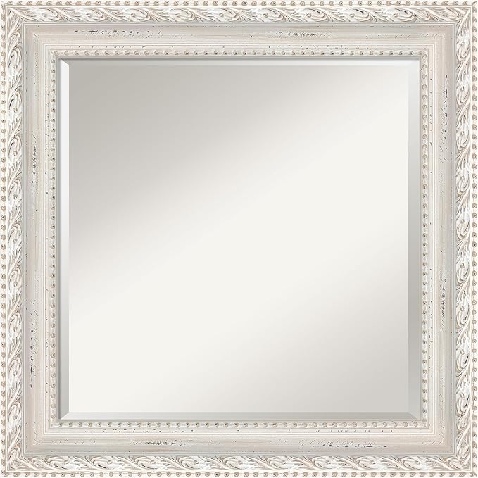 Amanti Art White Wall Mirror 26x26 Opera Off White Square Bathroom Mirror for Wall Decor Living Room, Medium Traditional Wood Frame, Hangs Horizonally and Vertically, Bathroom Decor, Beveled Edge