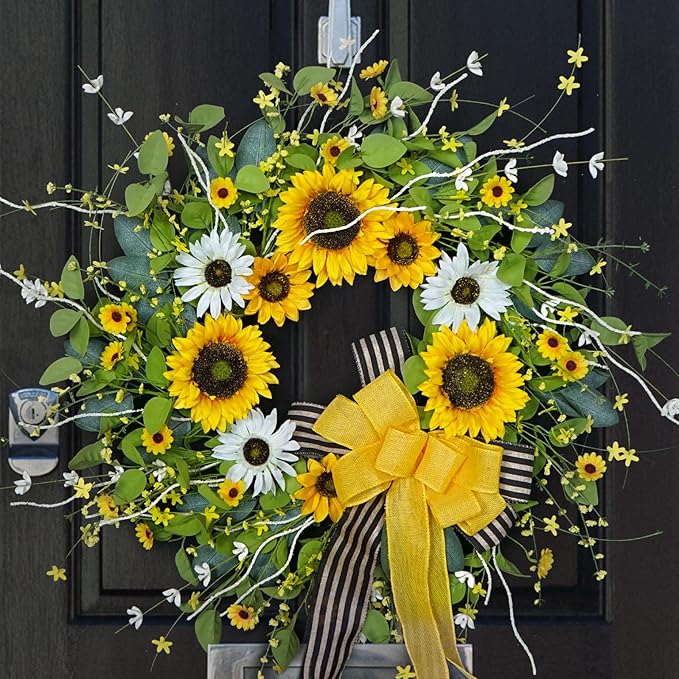 Sunflower Wreaths for Front Door, Soomeir Artificial Spring Summer Wreath with Burlap Bow, Door Wreath for Outside All Season Indoor Outdoor Home Wall Wedding Farmhouse Holiday